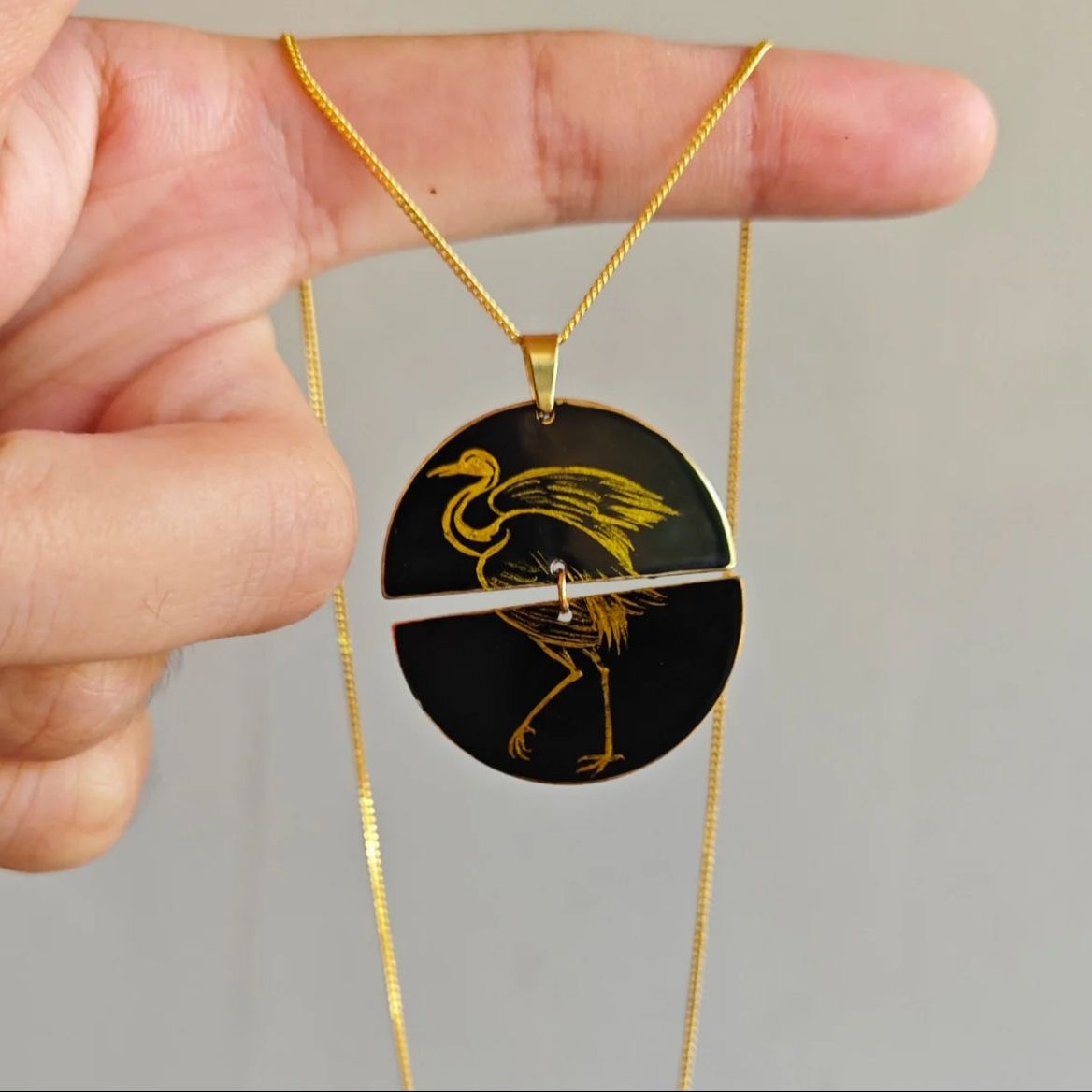 Gold Standing Crane Lacquer Necklace