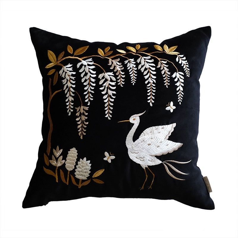 White Egret Cotton Velvet Cushion Cover