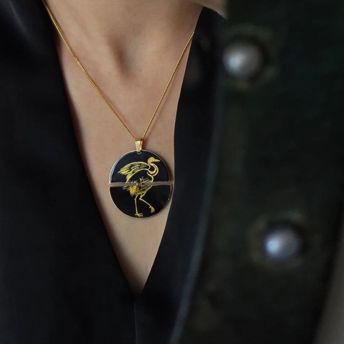 Gold Standing Crane Lacquer Necklace