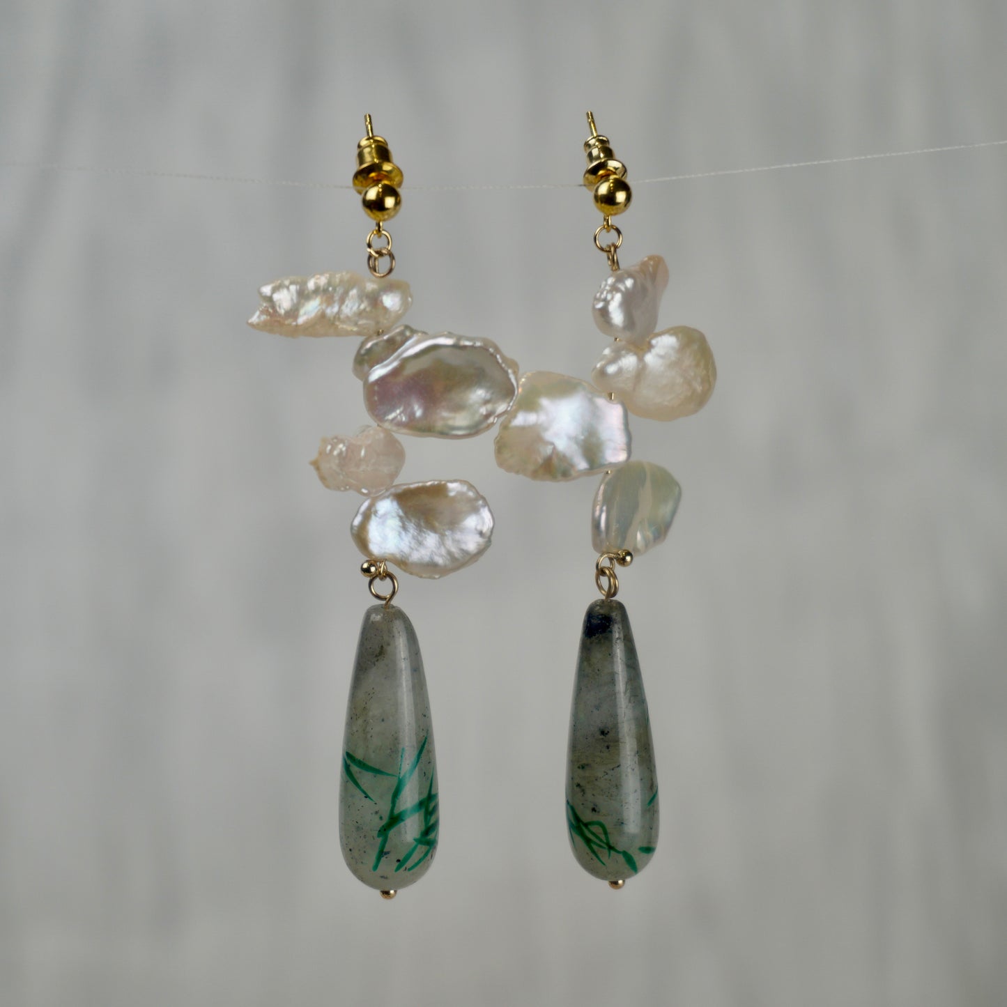 Lacquered Gemstone Freshwater Pearl Dangle Earrings