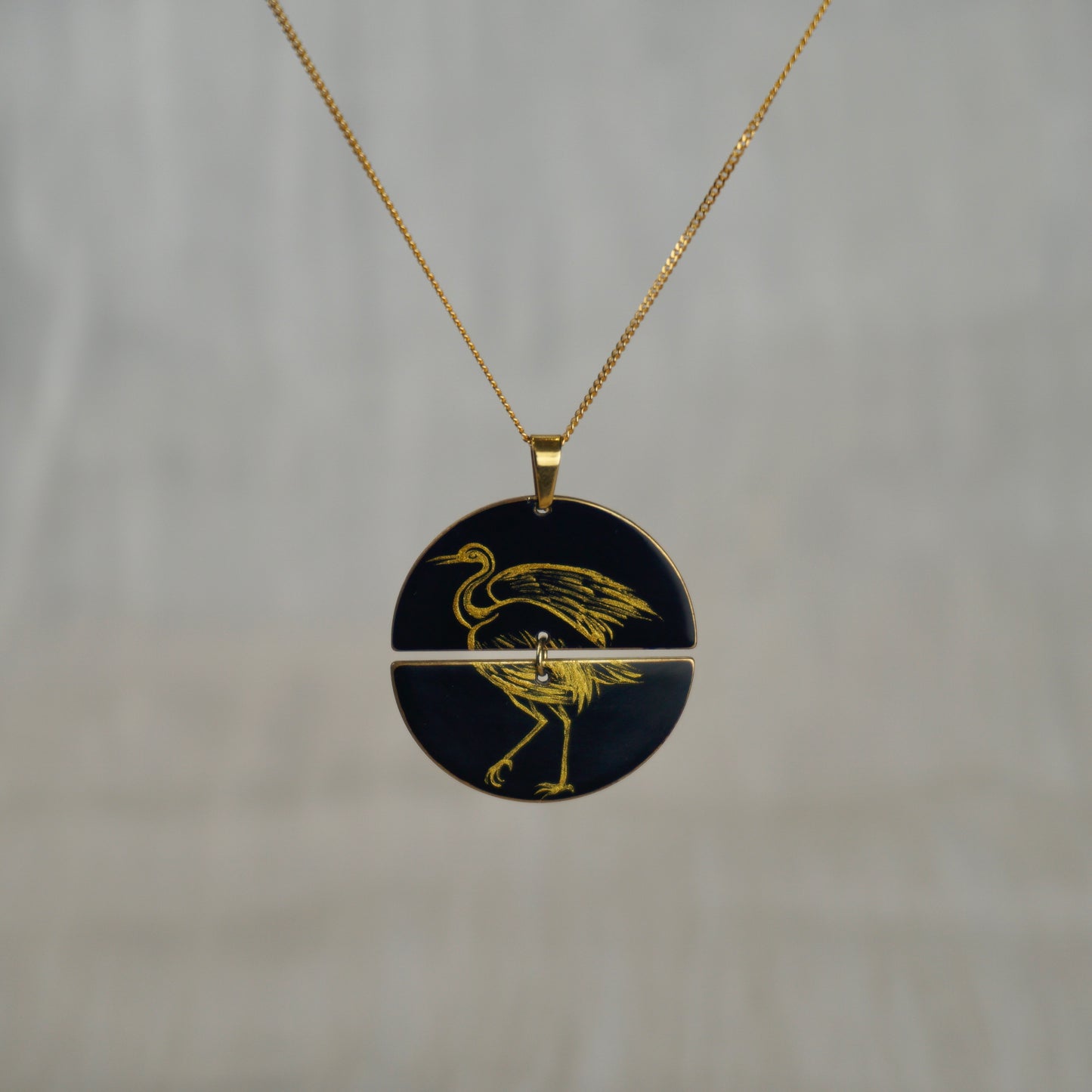 Gold Standing Crane Lacquer Necklace