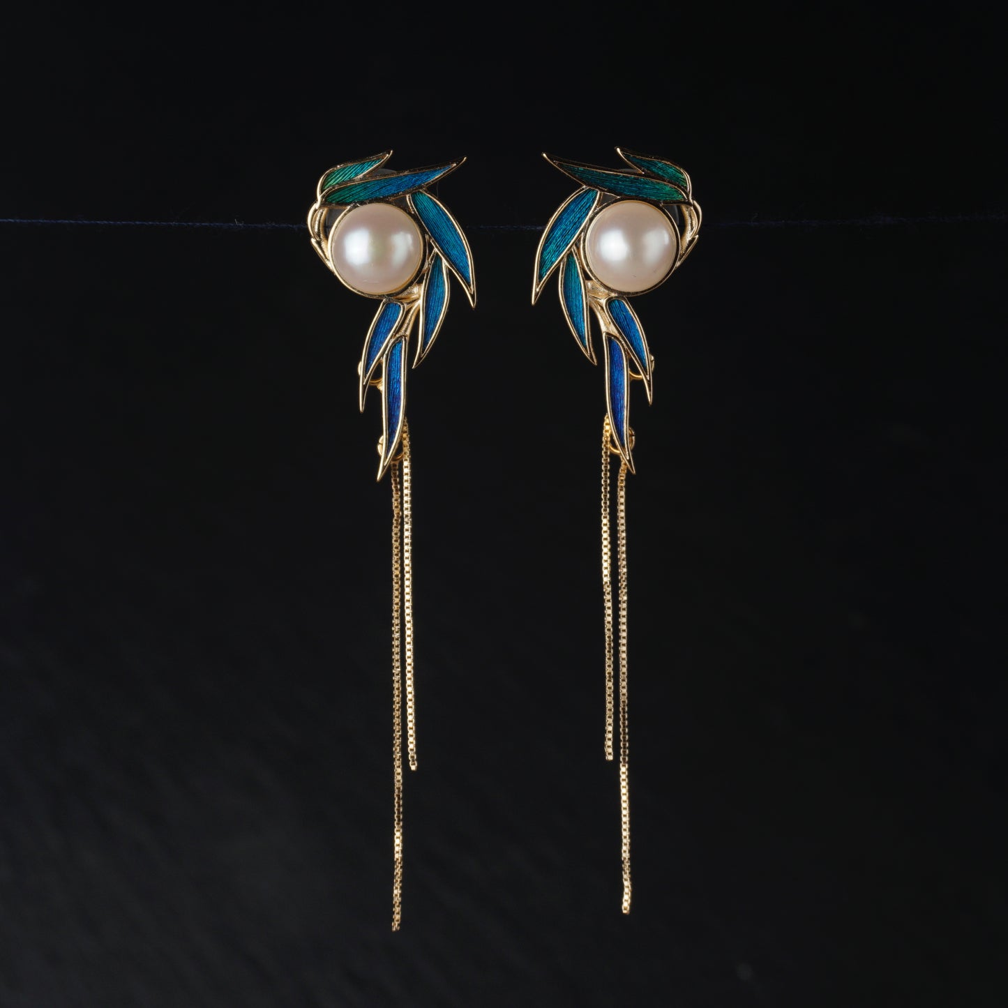 Peacock Feather Bamboo Leaf Earrings