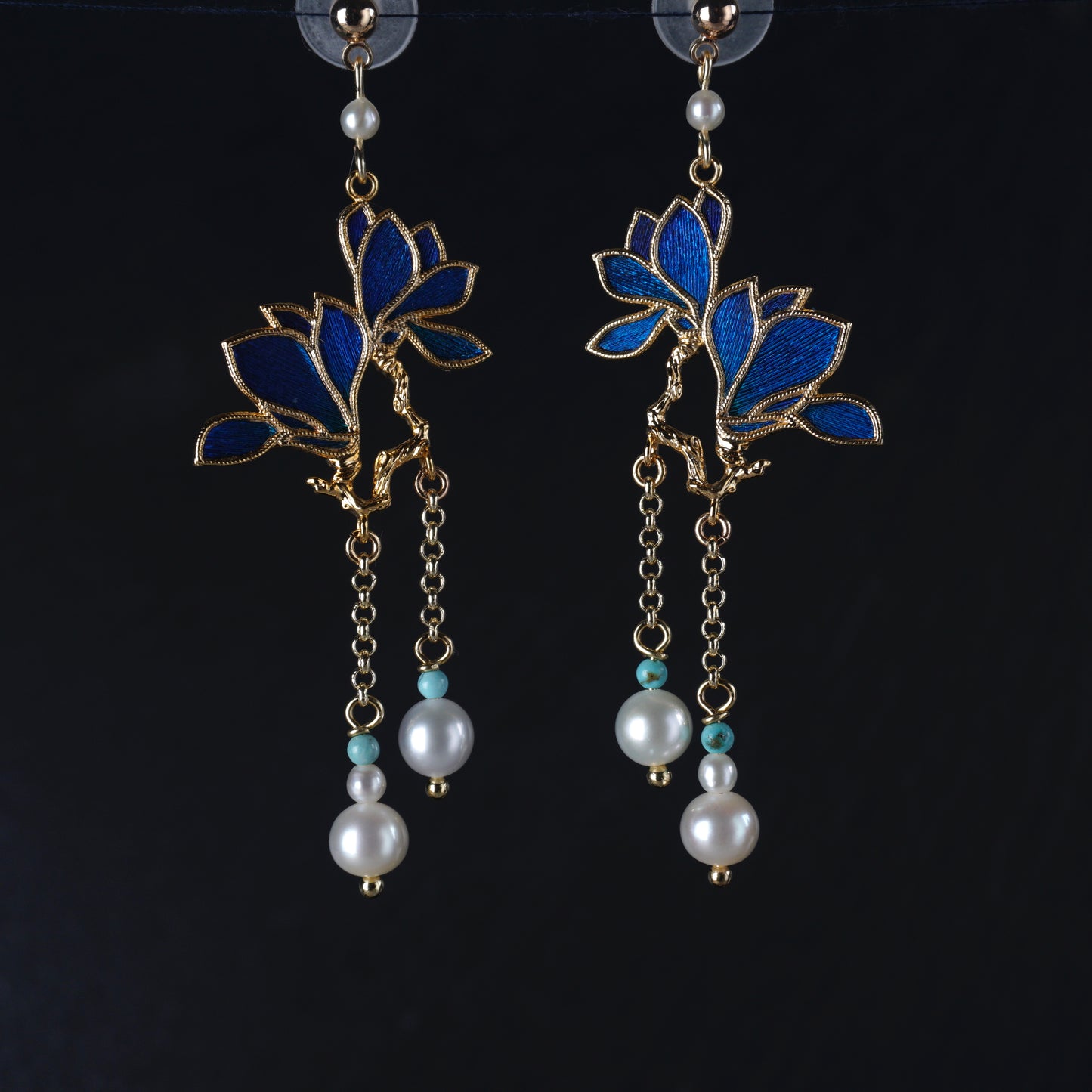 Peacock Feather Magnolia Blossom Earrings
