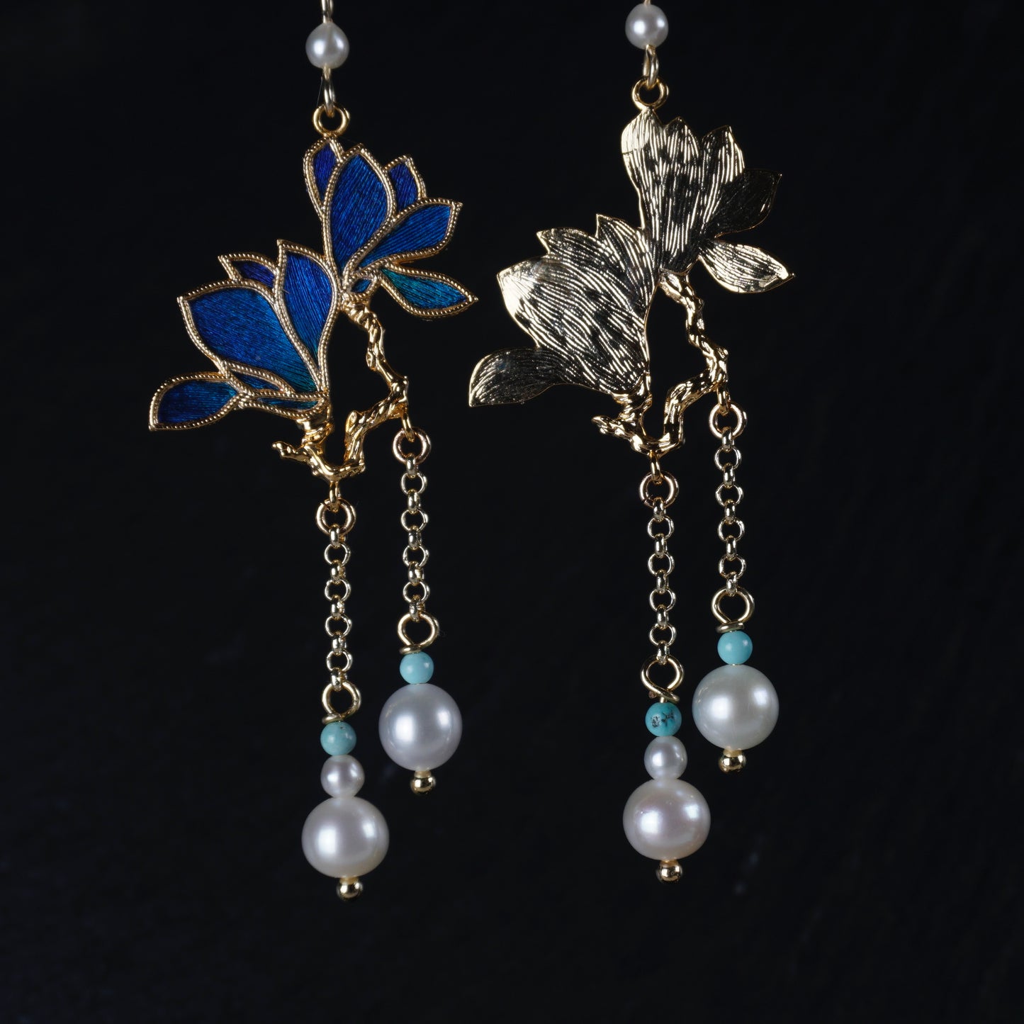 Peacock Feather Magnolia Blossom Earrings