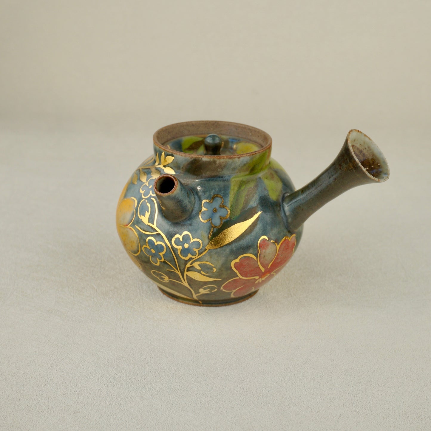 Earthy Green Floral Golden Teapot
