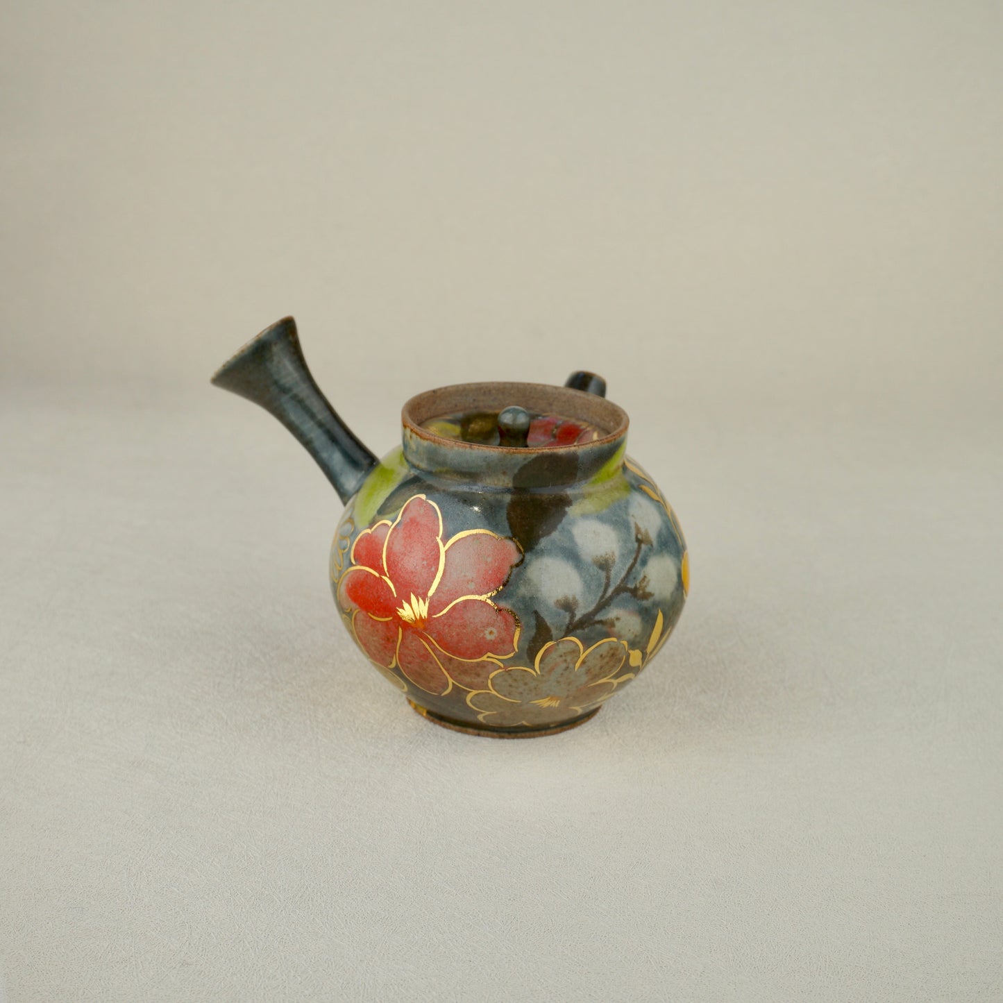Earthy Green Floral Golden Teapot