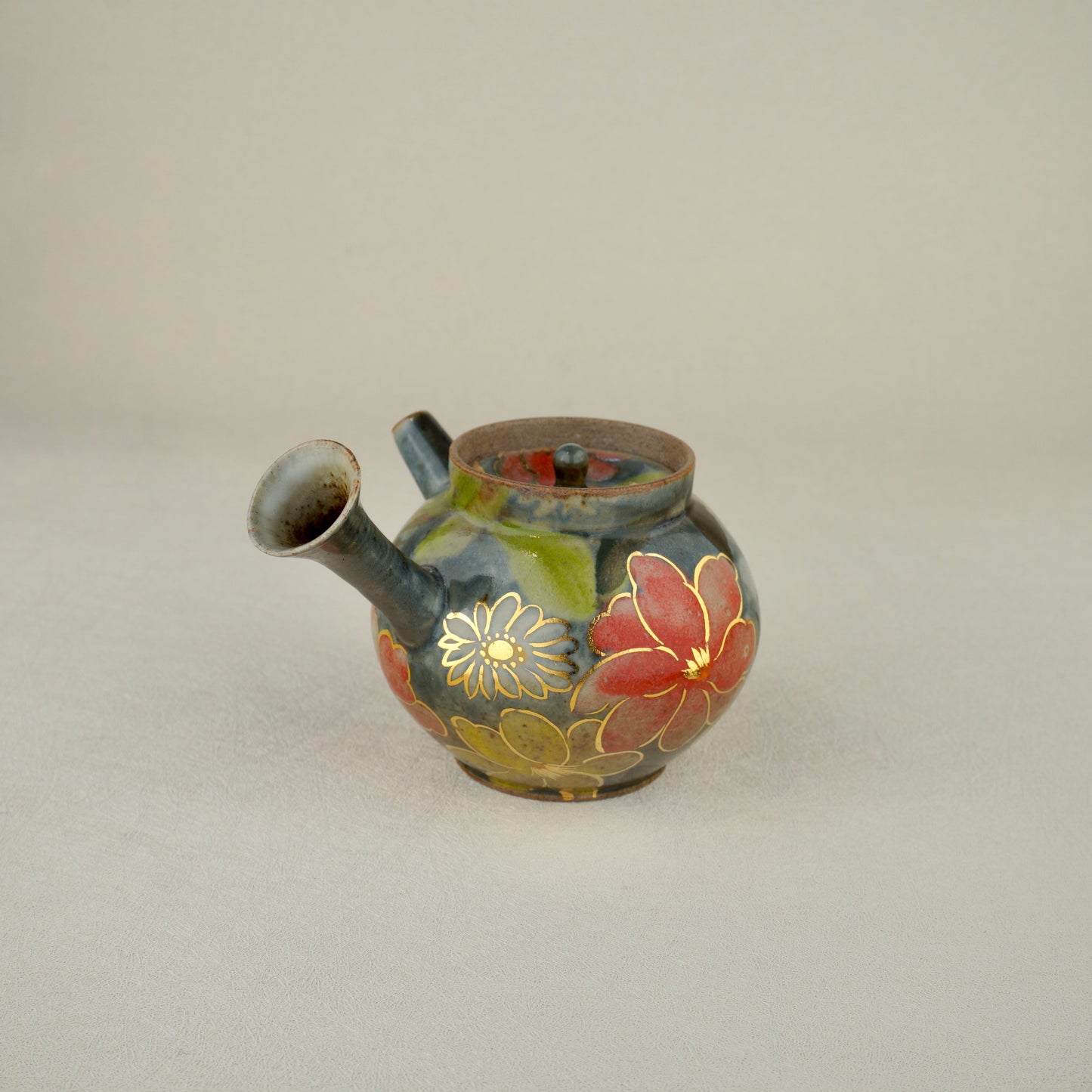 Earthy Green Floral Golden Teapot