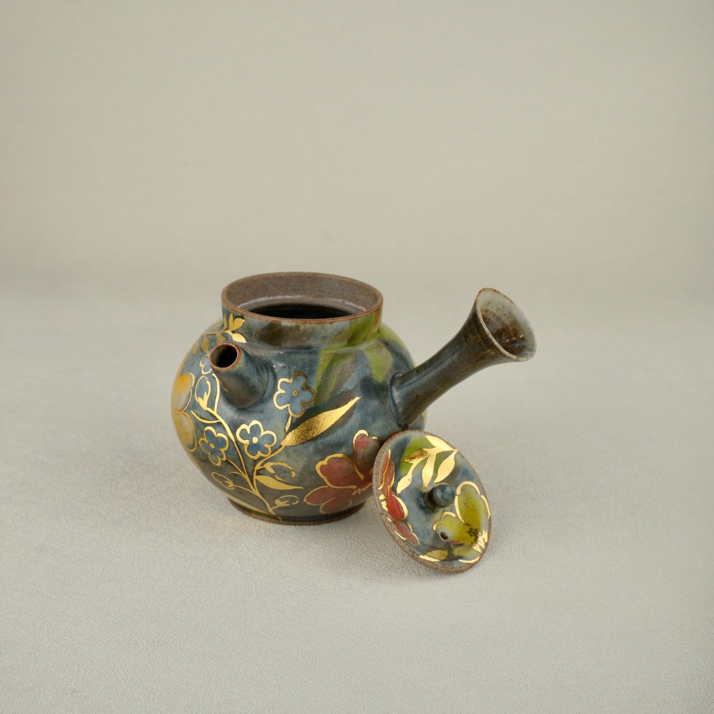 Earthy Green Floral Golden Teapot