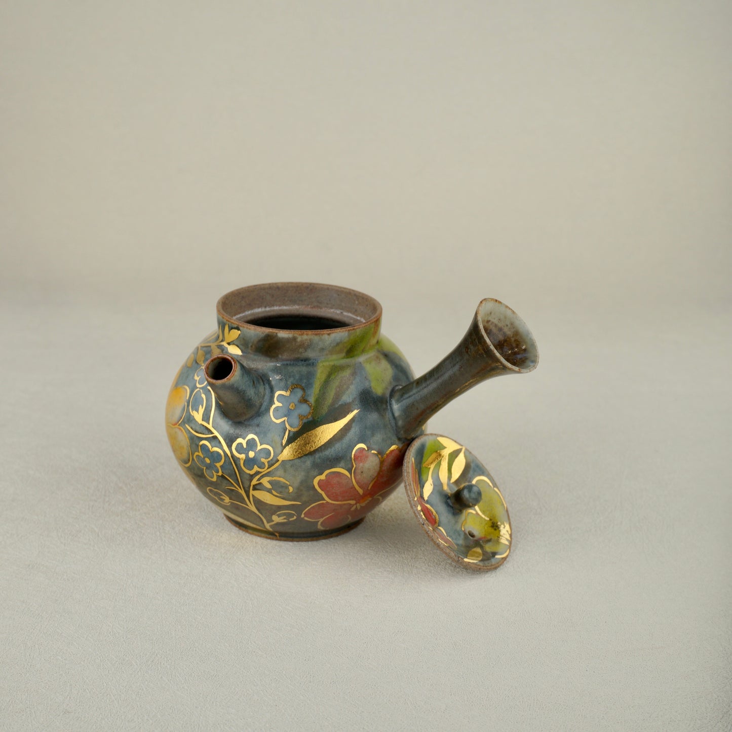 Earthy Green Floral Golden Teapot
