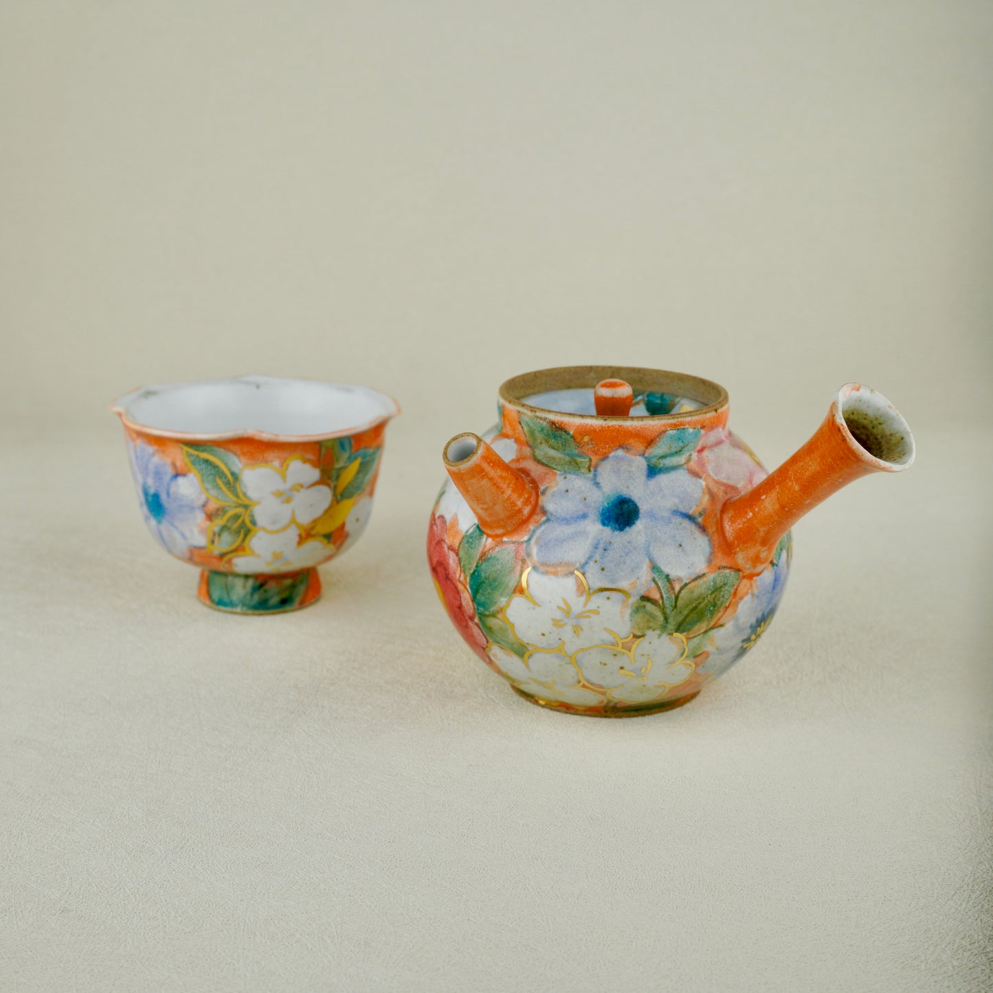 Warm Orange Floral Golden Teapot Set