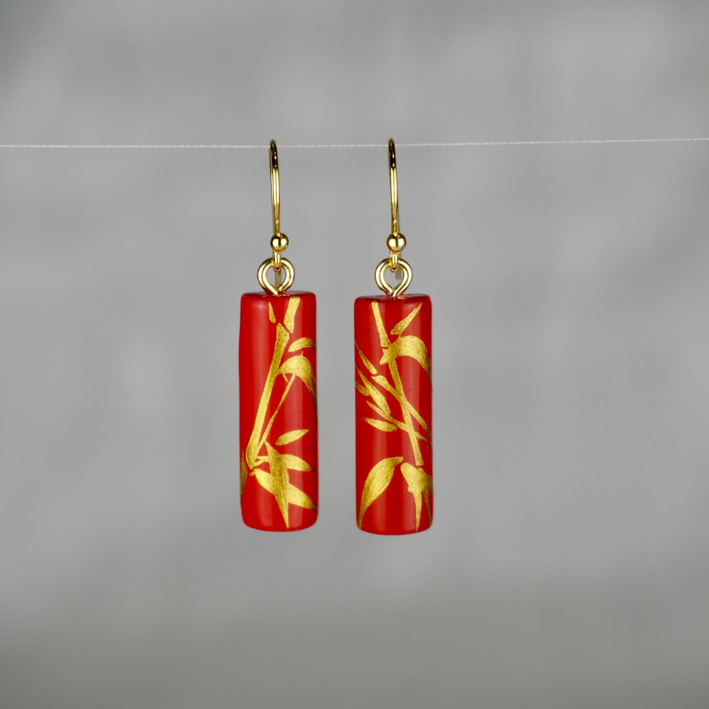 Lacquer Golden Bamboo Red Earrings