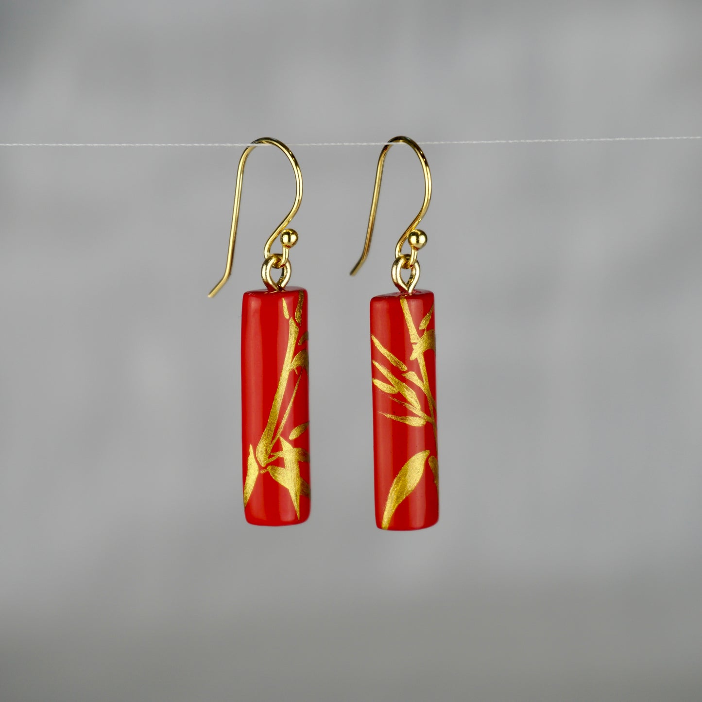 Lacquer Golden Bamboo Red Earrings