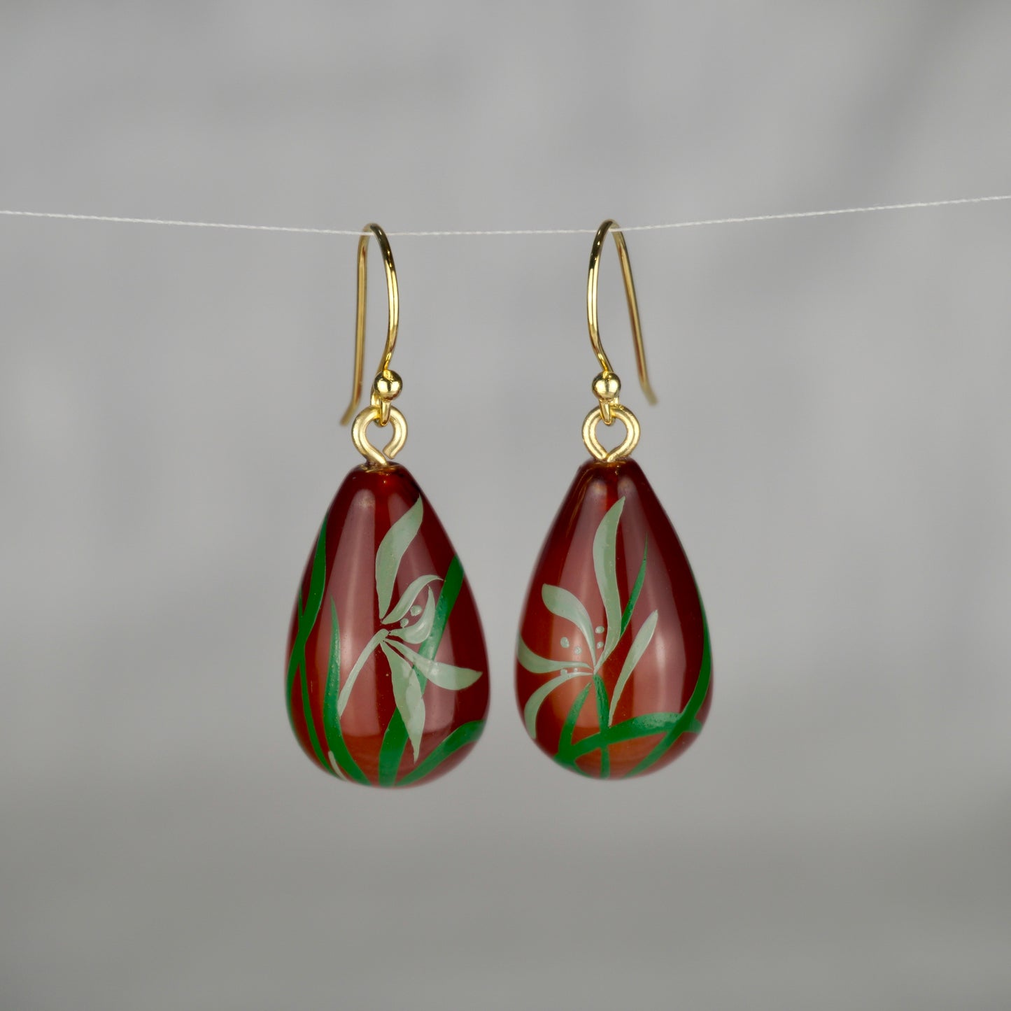 Lacquer Green Orchid Brown Agate Stone Stud Earrings