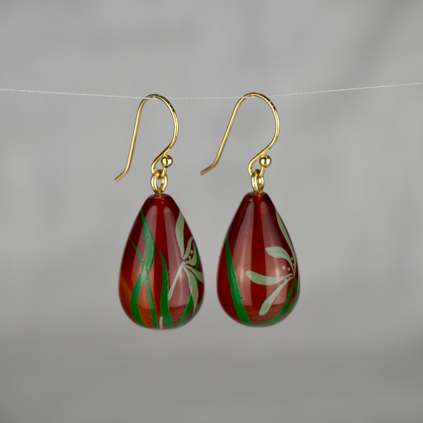 Lacquer Green Orchid Brown Agate Stone Stud Earrings
