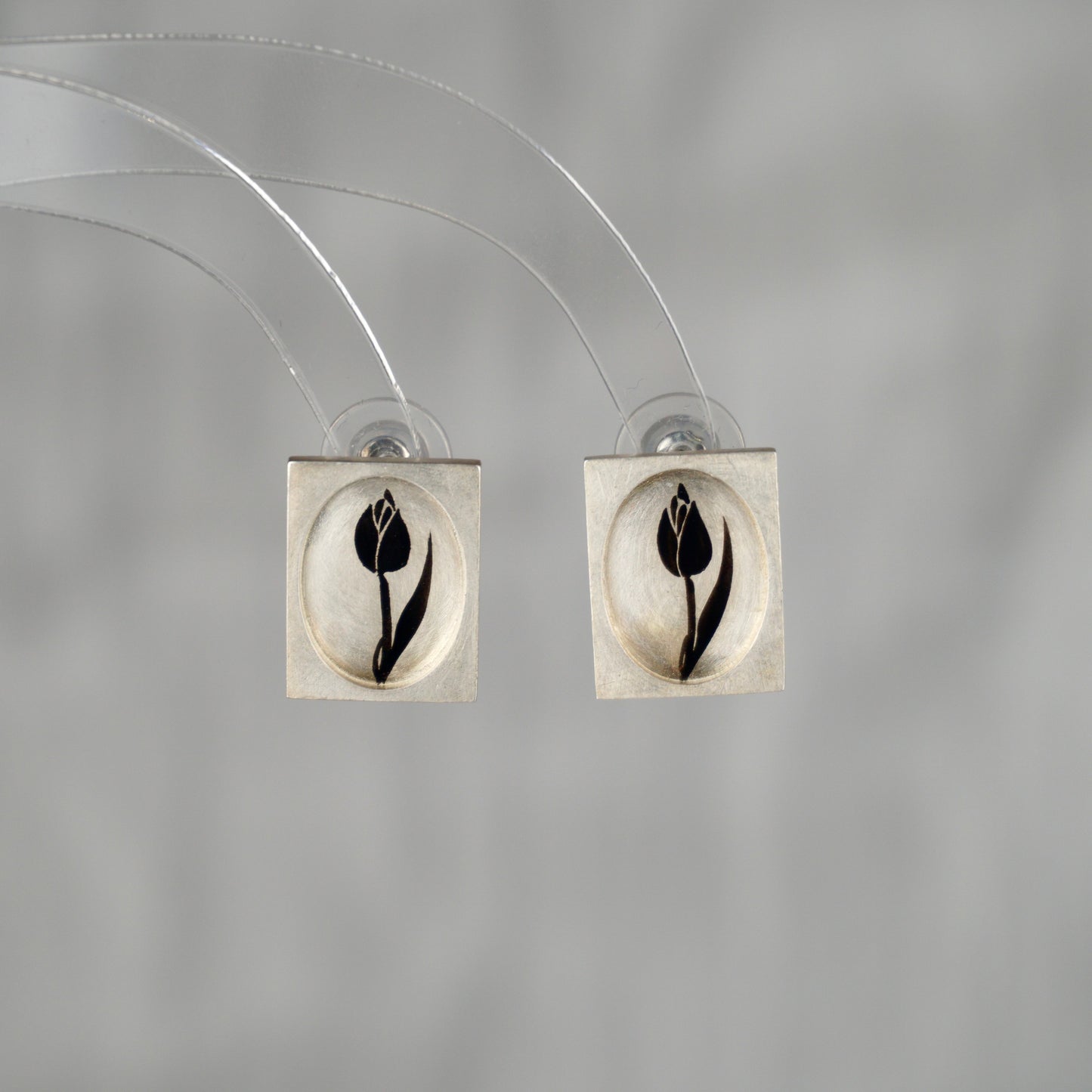 Lacquer Black Tulip Silver Stud Earrings