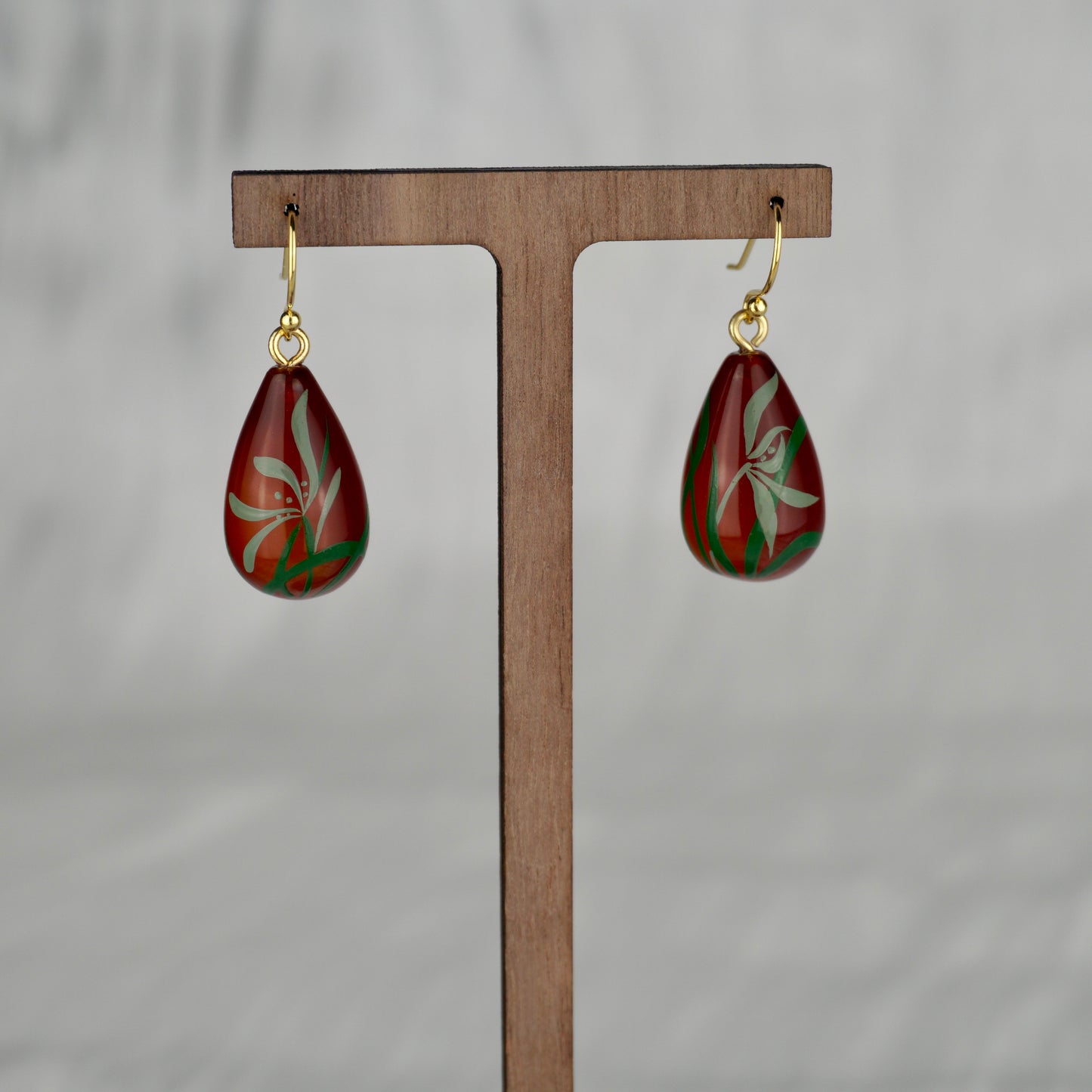 Lacquer Green Orchid Brown Agate Stone Stud Earrings