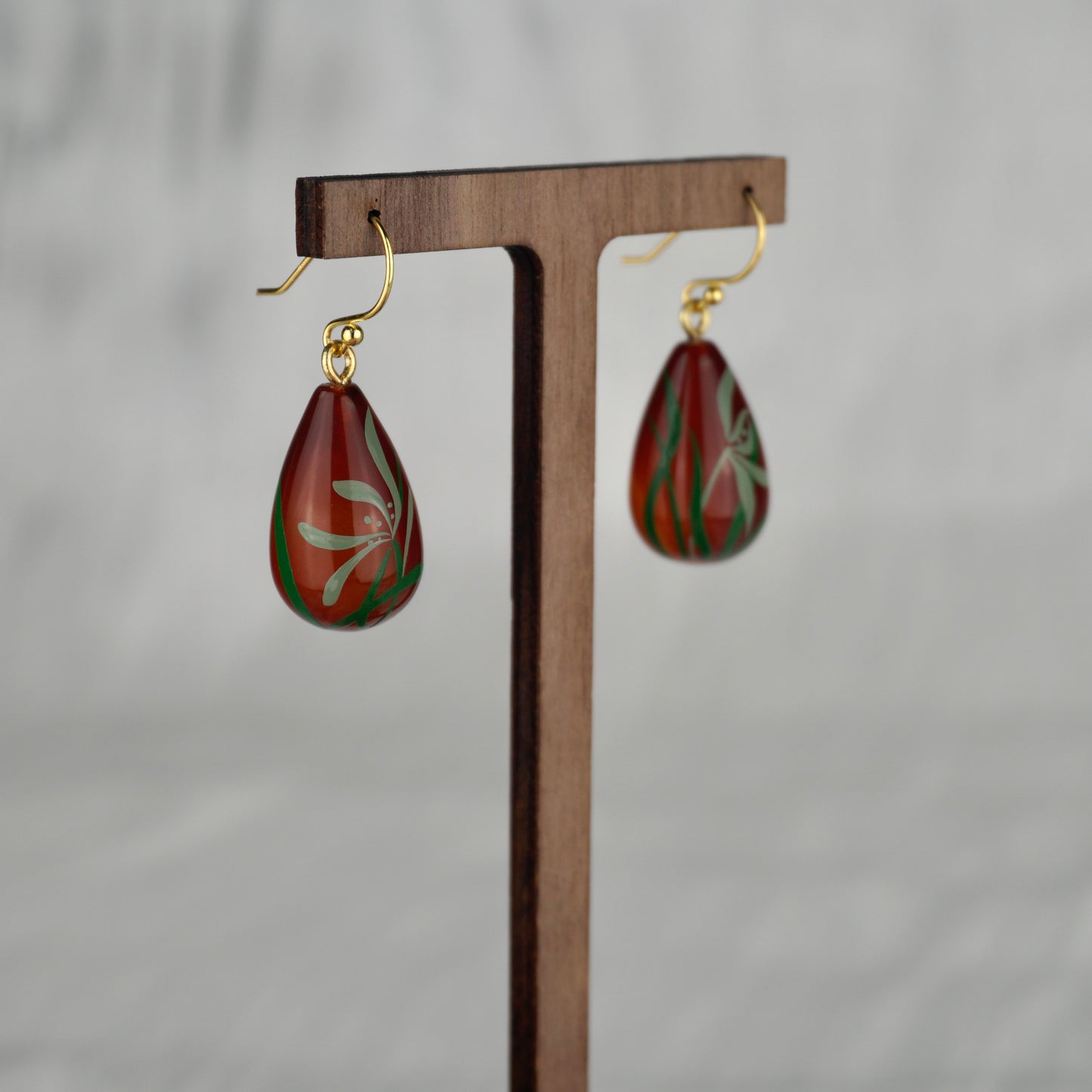 Lacquer Green Orchid Brown Agate Stone Stud Earrings