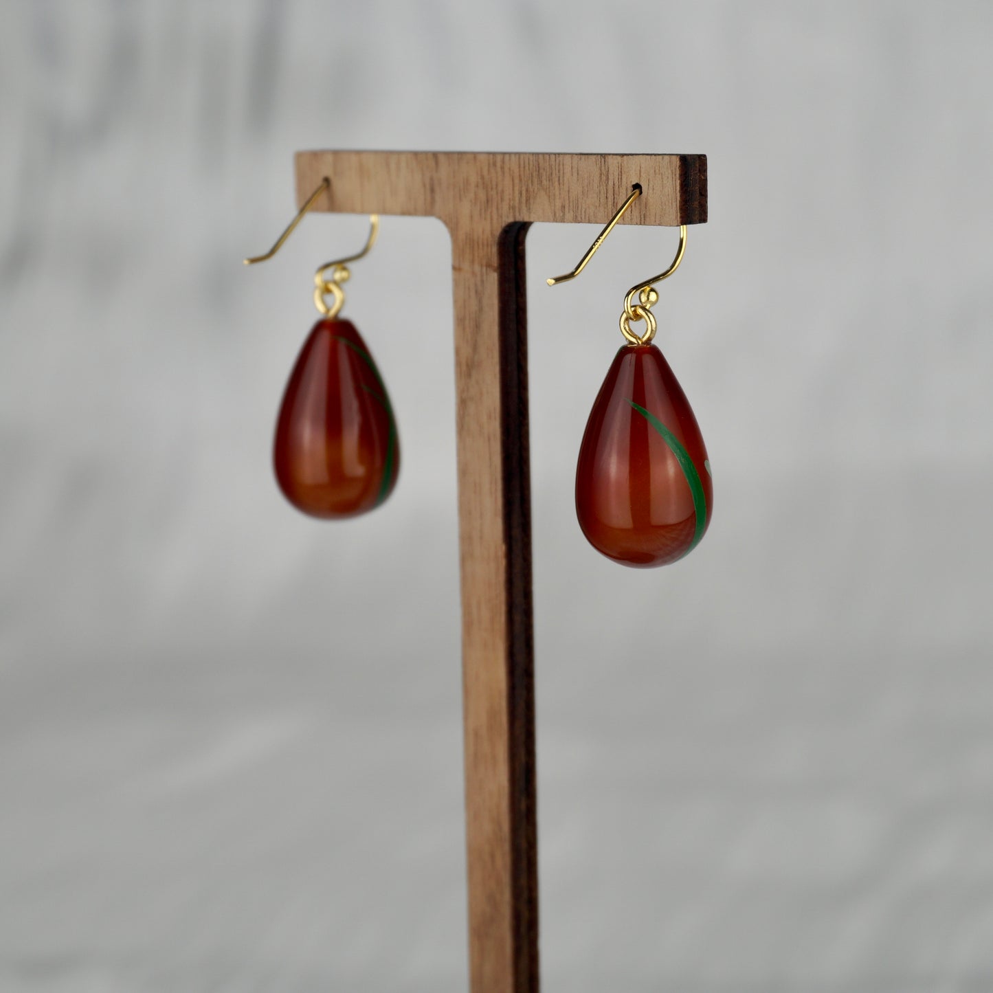 Lacquer Green Orchid Brown Agate Stone Stud Earrings