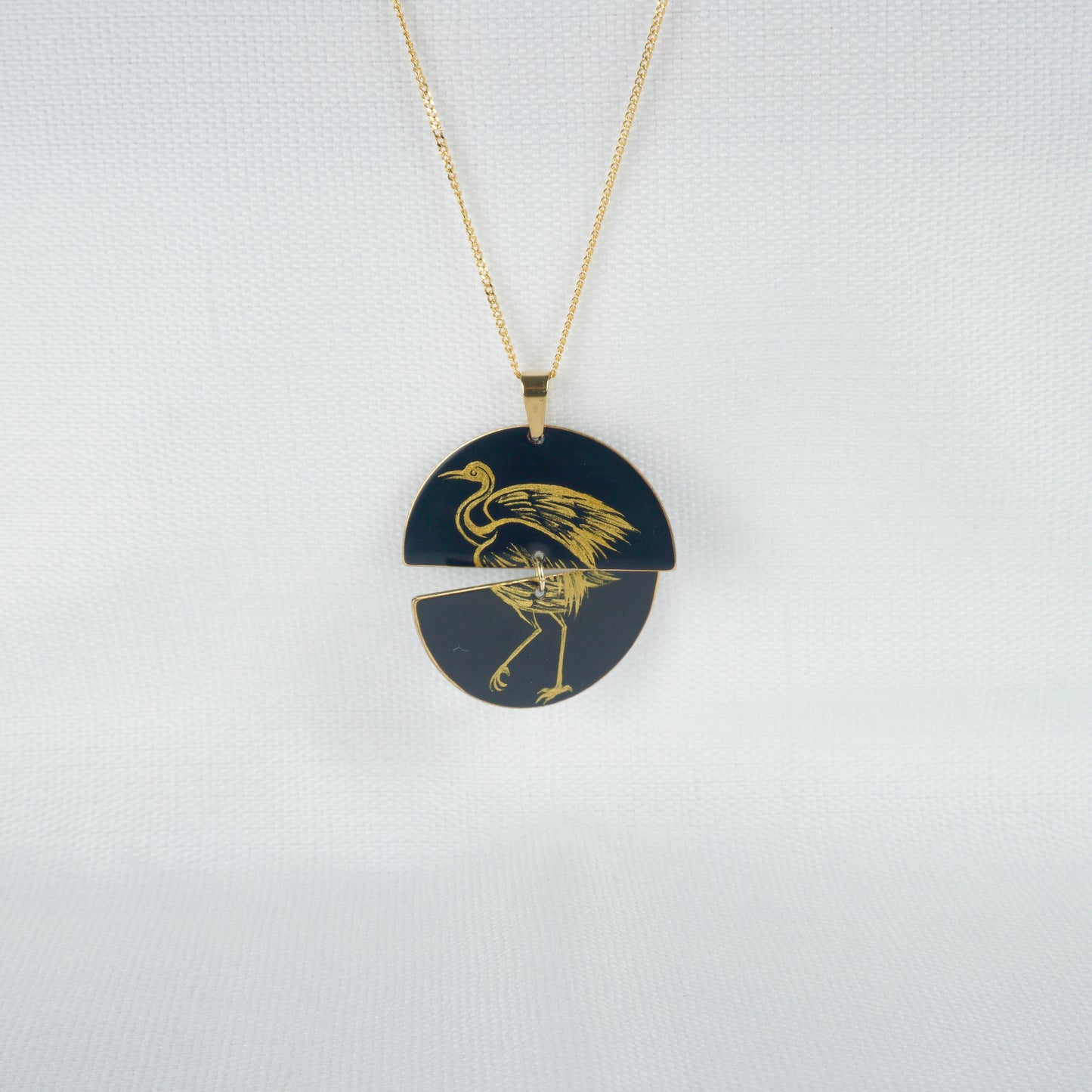 Gold Standing Crane Lacquer Necklace