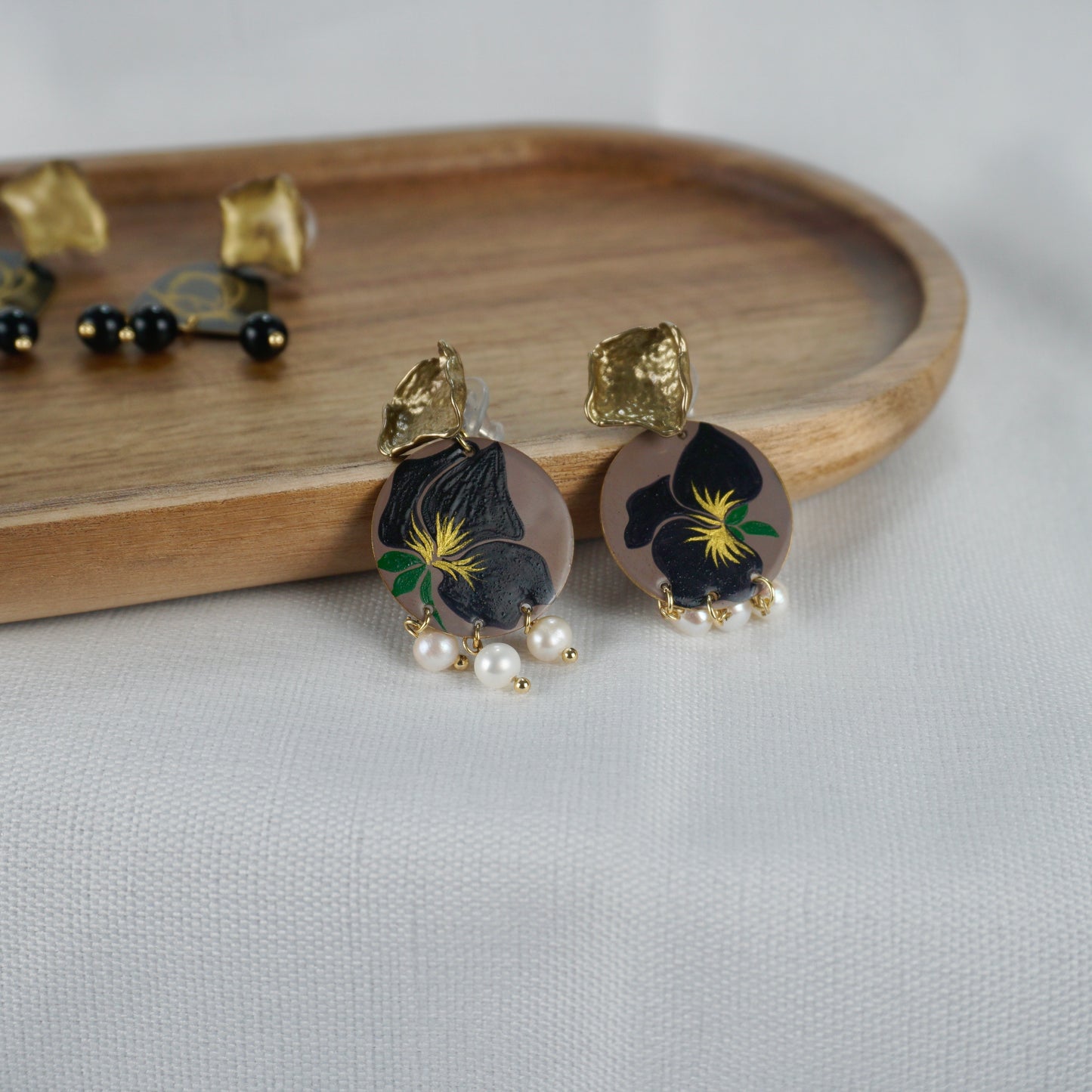 Black Flower Lacquer Drop Earrings