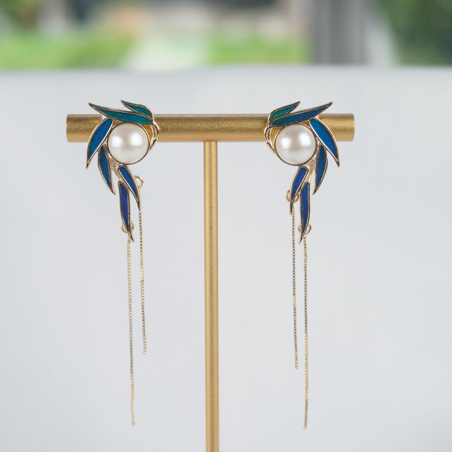Peacock Feather Bamboo Leaf Earrings