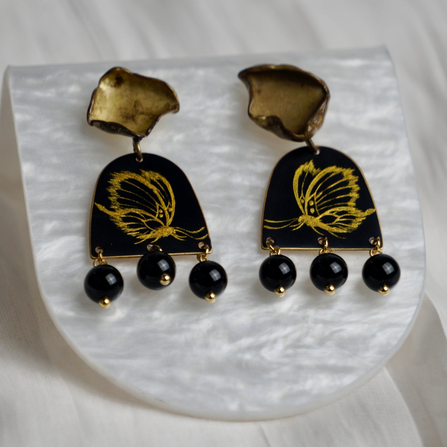 Gold Butterfly Lacquer Drop Earrings