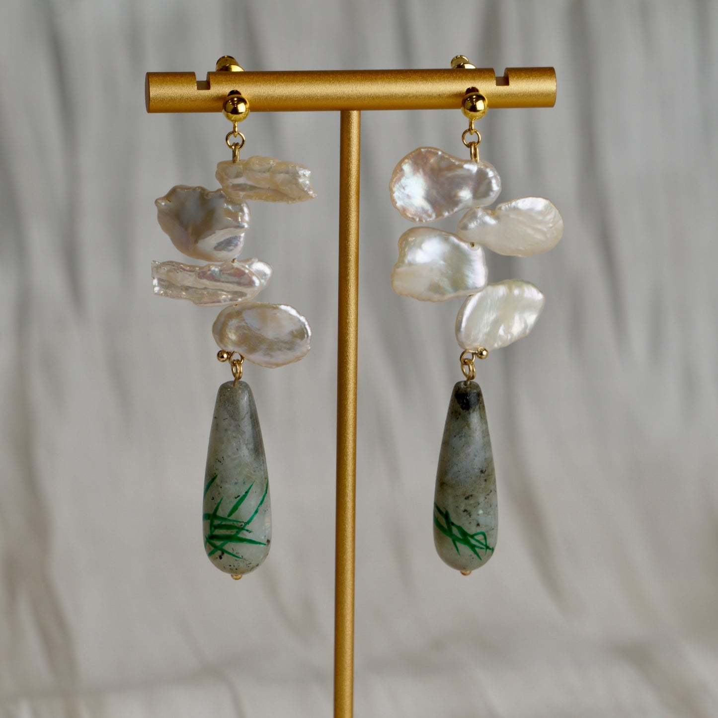 Lacquered Gemstone Freshwater Pearl Dangle Earrings