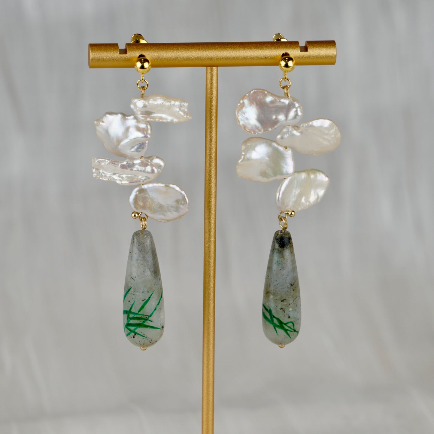 Lacquered Gemstone Freshwater Pearl Dangle Earrings