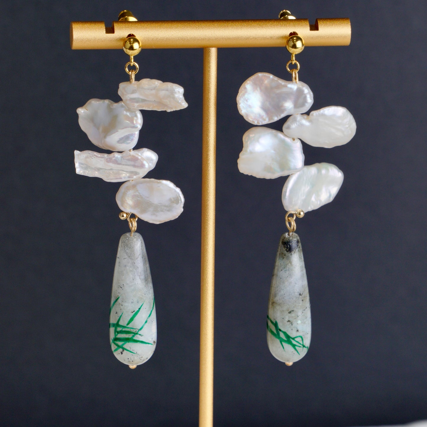 Lacquered Gemstone Freshwater Pearl Dangle Earrings