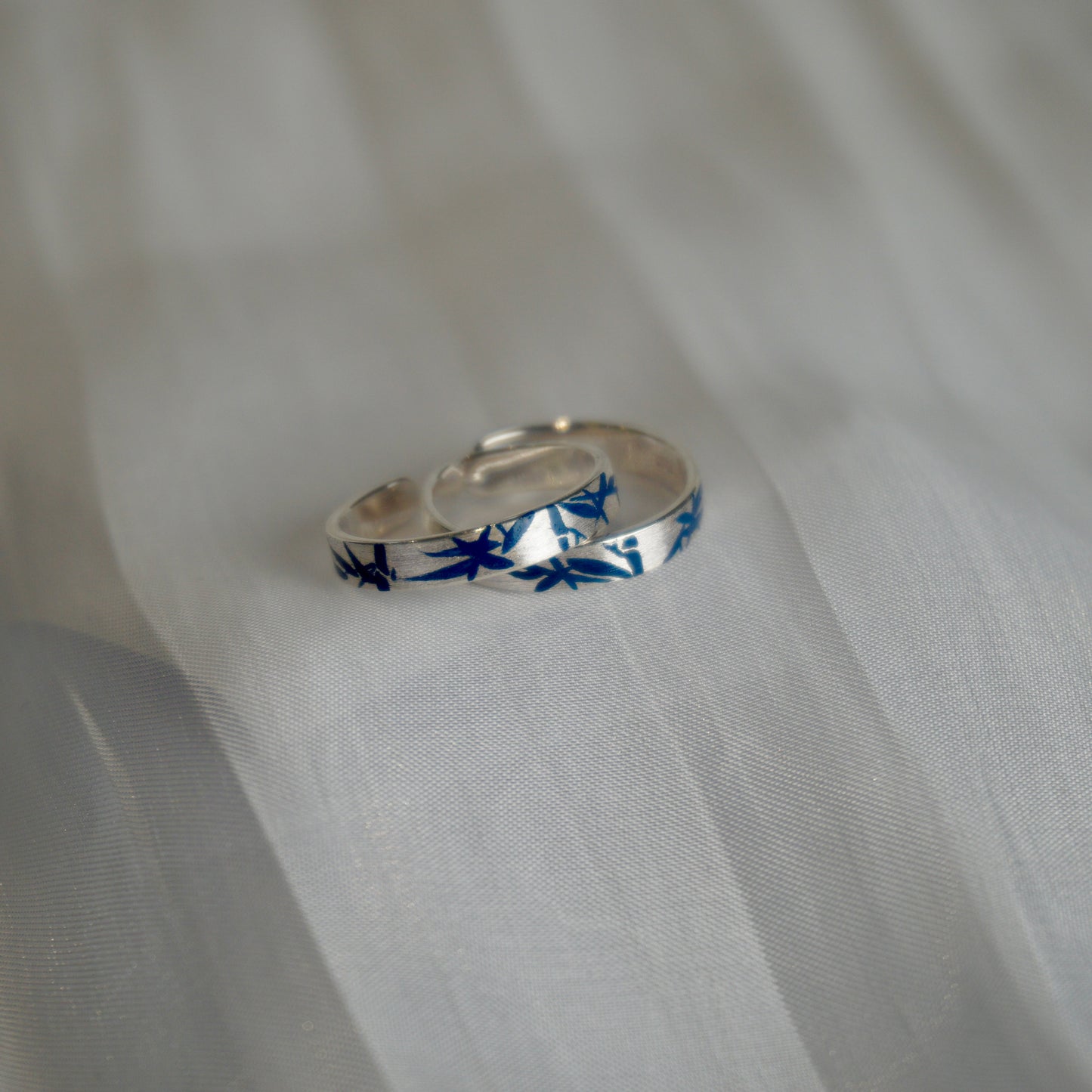 Blue Lacquer Bamboo Leaf Silver Ring
