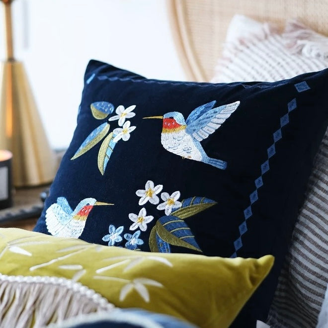 Hummingbirds Cotton Velvet Cushion Cover