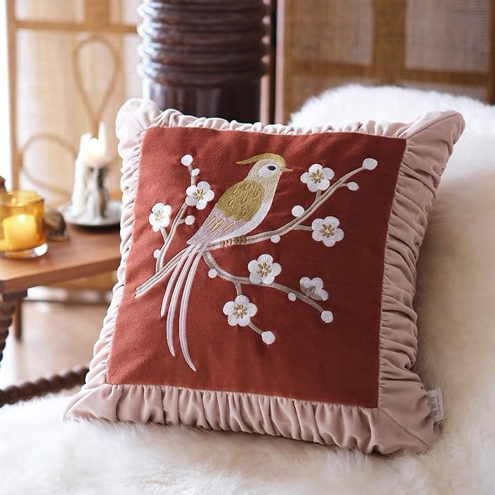 Ruffle Bird Red Cotton Velvet Cushion Cover
