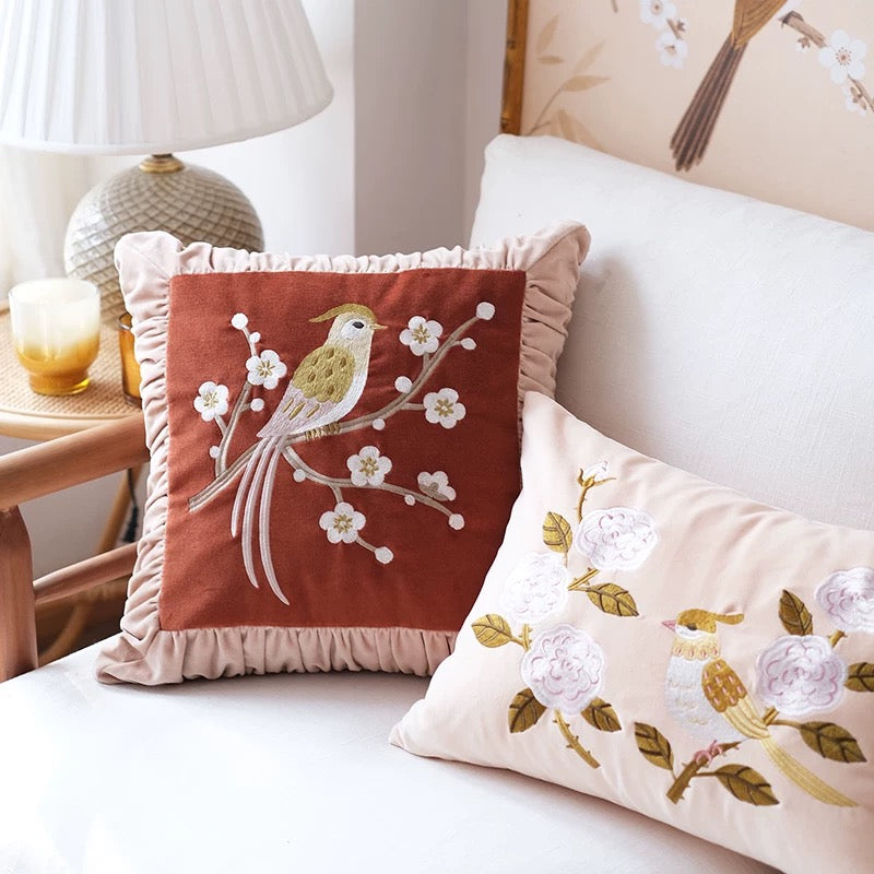 Ruffle Bird Red Cotton Velvet Cushion Cover