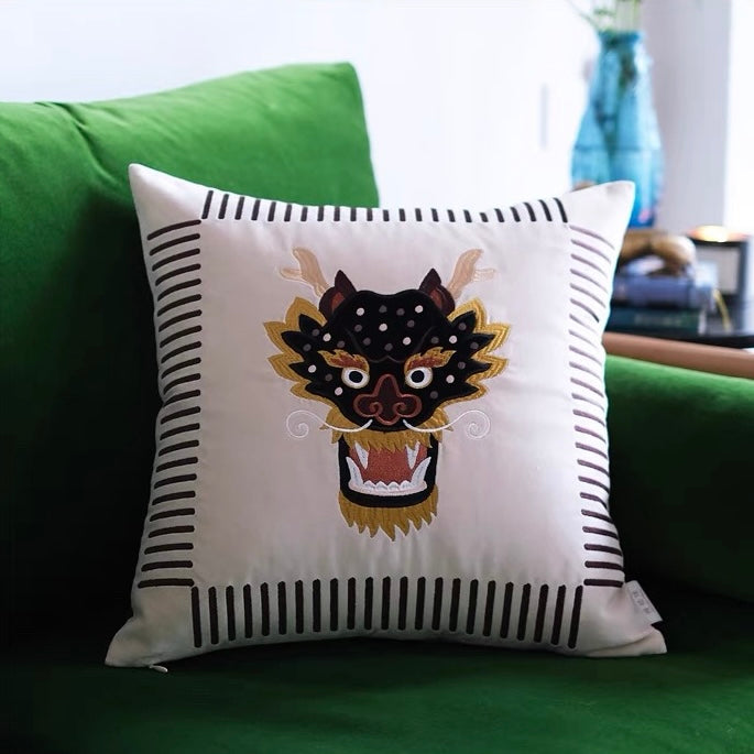 Beige Dragon Cotton Velvet Cushion Cover