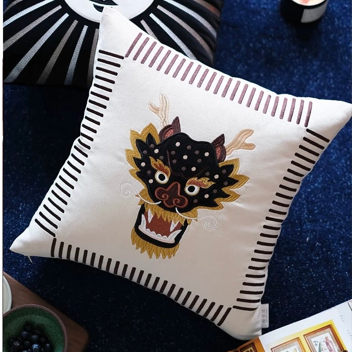 Beige Dragon Cotton Velvet Cushion Cover