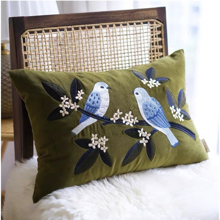 Birds On Devilwood Cotton Velvet Cushion Cover