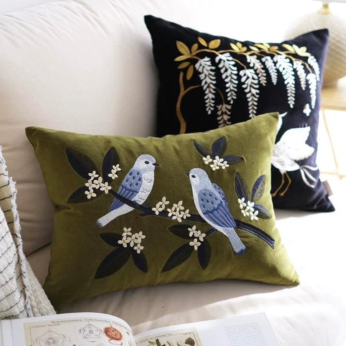 Birds On Devilwood Cotton Velvet Cushion Cover