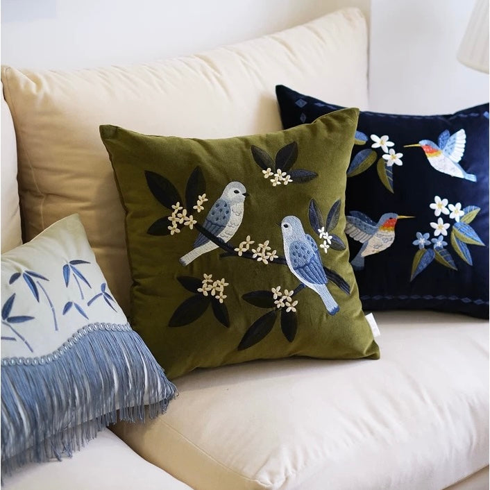 Birds On Devilwood Cotton Velvet Cushion Cover
