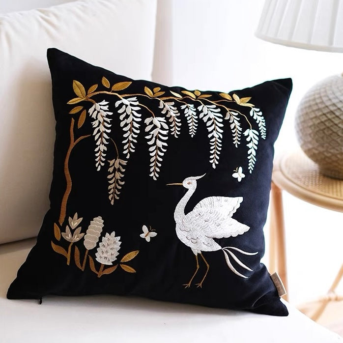 White Egret Cotton Velvet Cushion Cover