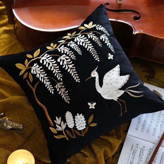 White Egret Cotton Velvet Cushion Cover