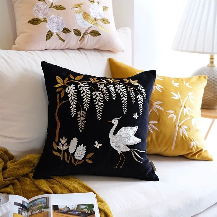 White Egret Cotton Velvet Cushion Cover