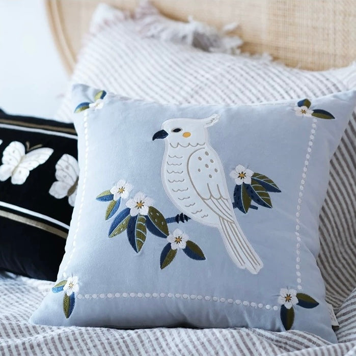 Parrot Light Blue Cotton Velvet Cushion Cover