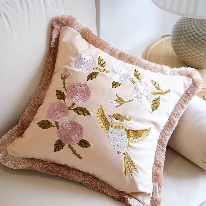 Golden Oriole Cotton Velvet Tassel Cushion Cover