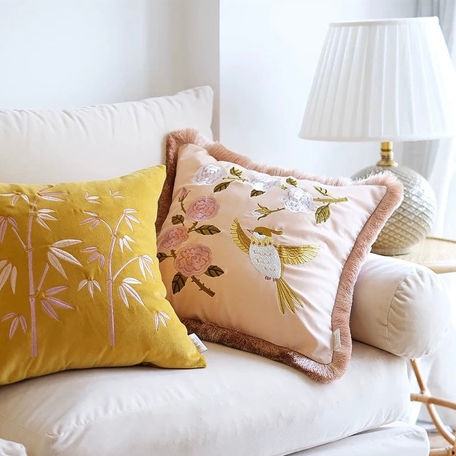 Golden Oriole Cotton Velvet Tassel Cushion Cover