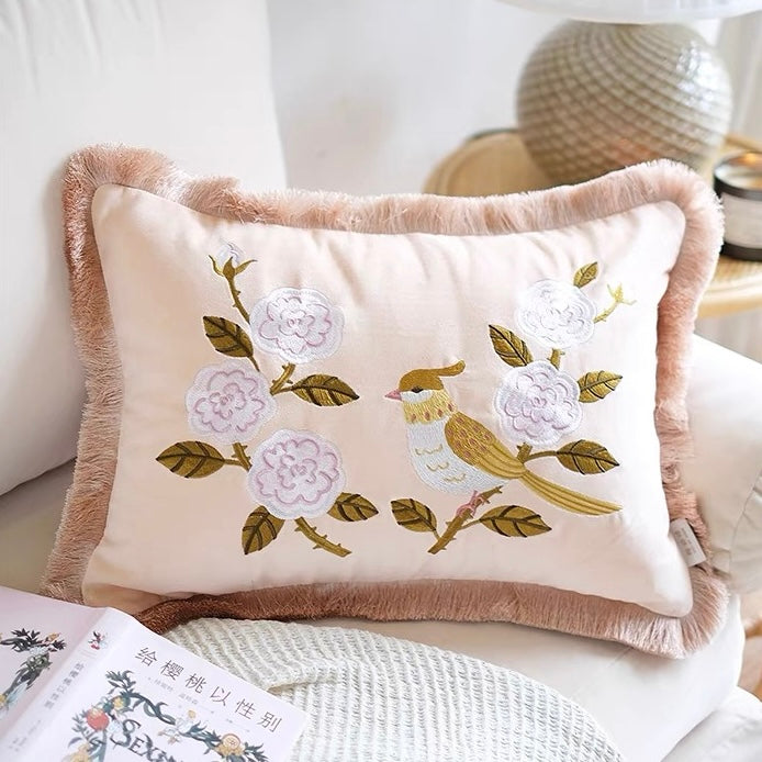 Golden Oriole Cotton Velvet Tassel Cushion Cover