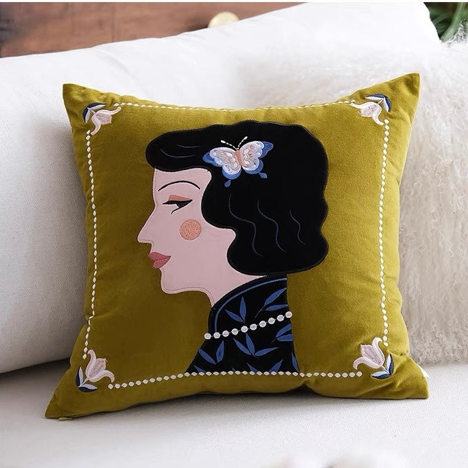Lady Green Cotton Velvet Cushion Cover