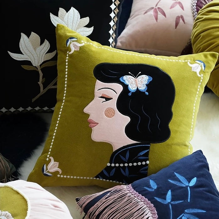 Lady Green Cotton Velvet Cushion Cover