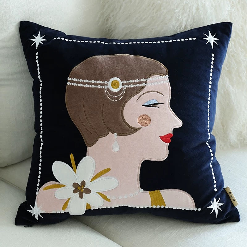 Lady Green Black Cotton Velvet Cushion Cover
