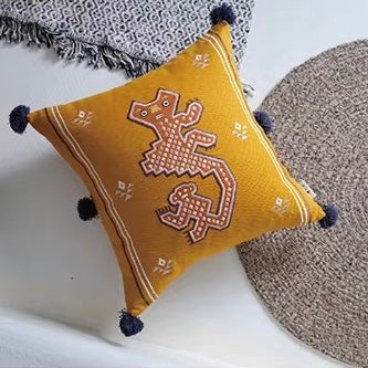 Inca Motif Decorative Ginger Yellow Cotton Cushion Cover