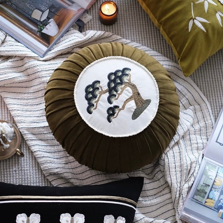 Pine Olive Green Cotton Velvet Beads Loop Cushion Cover